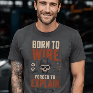 Electrician T-Shirt — "Born to Wire, Forced to Explain" Vintage Skull Tee — graphite t-shirt, model photo | Pressure Tested Co