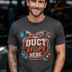 The Duct Stops Here T-Shirt — HVAC Technician Funny Logo Tee — graphite t-shirt, model photo | Pressure Tested Co