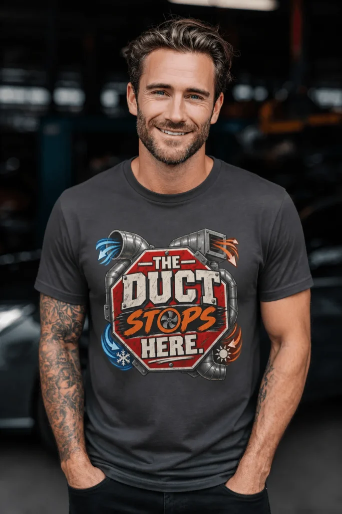 The Duct Stops Here T-Shirt — HVAC Technician Funny Logo Tee — graphite t-shirt, model photo | Pressure Tested Co