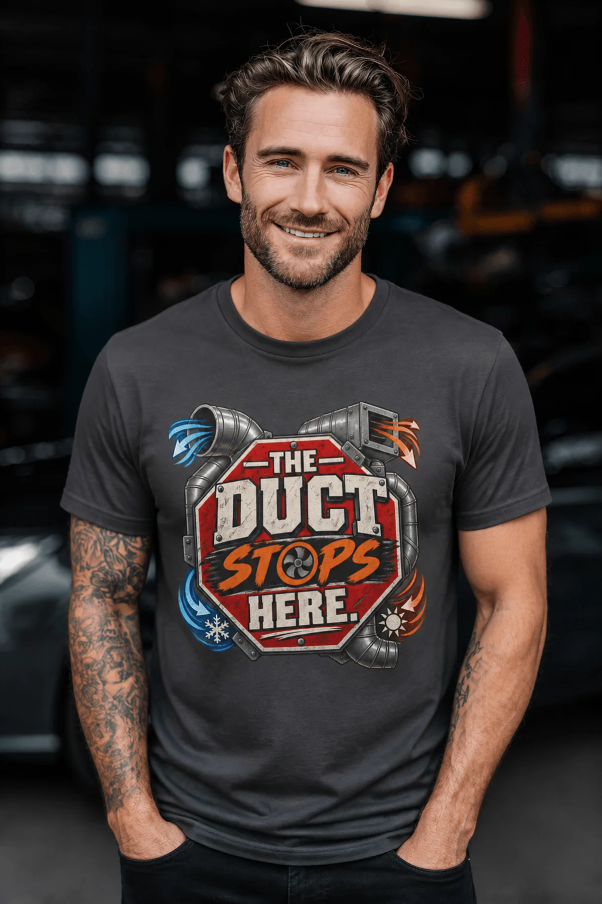 The Duct Stops Here T-Shirt — HVAC Technician Funny Logo Tee — graphite t-shirt, model photo | Pressure Tested Co