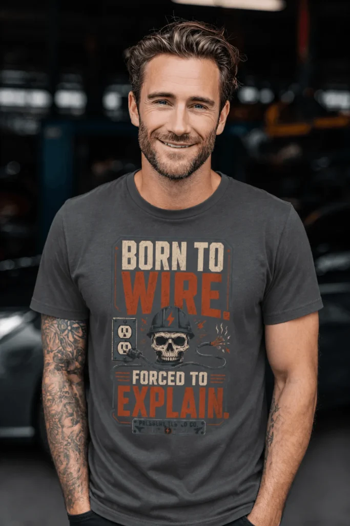 Electrician T-Shirt — "Born to Wire, Forced to Explain" Vintage Skull Tee — graphite t-shirt, model photo | Pressure Tested Co