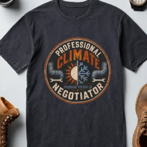 Funny HVAC Shirt, "Professional Climate Negotiator" T-Shirt – HVAC Service Tech Badge Design — heather-navy t-shirt, flat-lay product photo | Pressure Tested Co