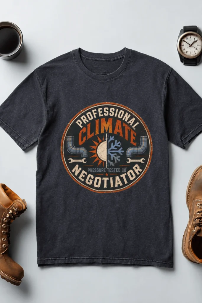 Funny HVAC Shirt, "Professional Climate Negotiator" T-Shirt – HVAC Service Tech Badge Design — heather-navy t-shirt, flat-lay product photo | Pressure Tested Co