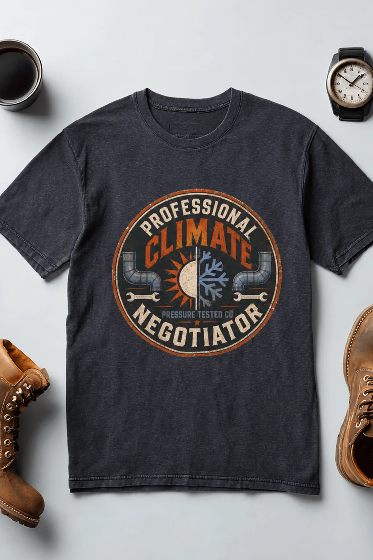 Funny HVAC Shirt, "Professional Climate Negotiator" T-Shirt – HVAC Service Tech Badge Design — heather-navy t-shirt, flat-lay product photo | Pressure Tested Co