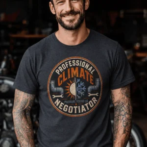 Funny HVAC Shirt, "Professional Climate Negotiator" T-Shirt – HVAC Service Tech Badge Design — heather-navy t-shirt, model photo | Pressure Tested Co