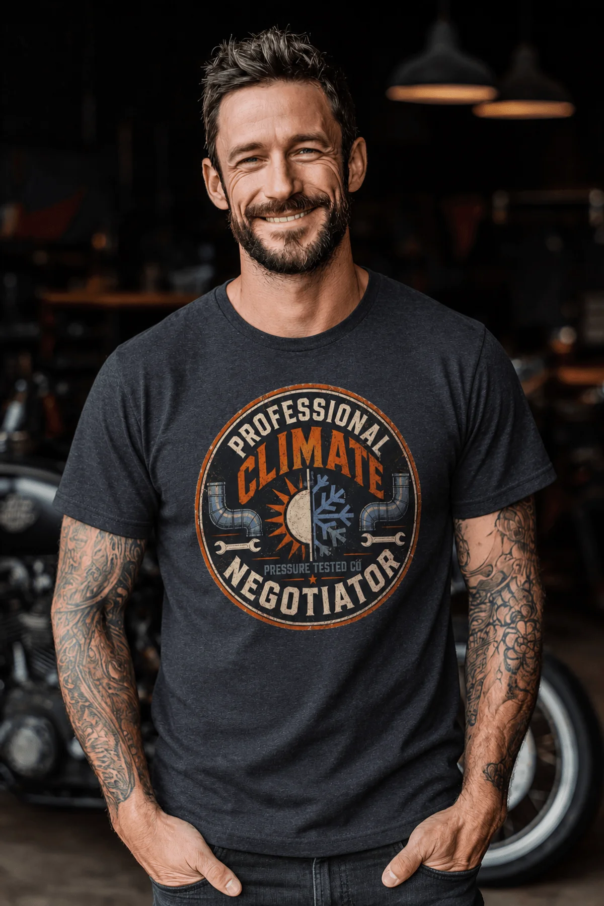 Funny HVAC Shirt, "Professional Climate Negotiator" T-Shirt – HVAC Service Tech Badge Design — heather-navy t-shirt, model photo | Pressure Tested Co