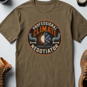 Funny HVAC Shirt, "Professional Climate Negotiator" T-Shirt – HVAC Service Tech Badge Design — heather-olive t-shirt, flat-lay product photo | Pressure Tested Co