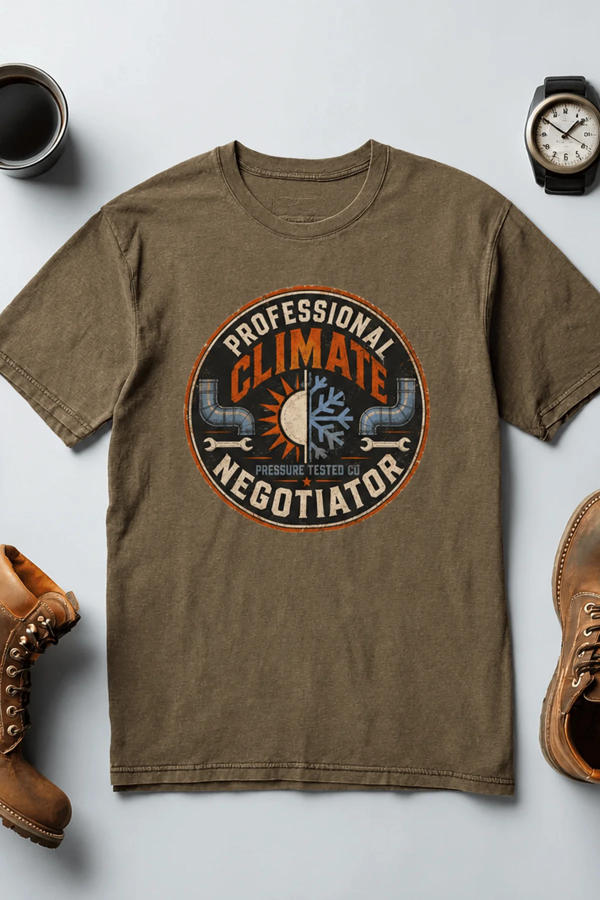 Funny HVAC Shirt, "Professional Climate Negotiator" T-Shirt – HVAC Service Tech Badge Design — heather-olive t-shirt, flat-lay product photo | Pressure Tested Co