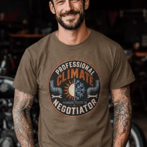 Funny HVAC Shirt, "Professional Climate Negotiator" T-Shirt – HVAC Service Tech Badge Design — heather-olive t-shirt, model photo | Pressure Tested Co