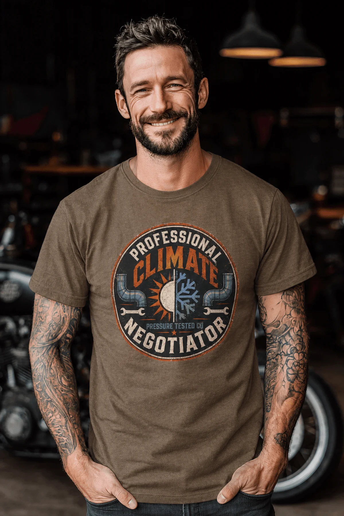 Funny HVAC Shirt, "Professional Climate Negotiator" T-Shirt – HVAC Service Tech Badge Design — heather-olive t-shirt, model photo | Pressure Tested Co