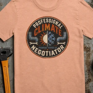 Funny HVAC Shirt, "Professional Climate Negotiator" T-Shirt – HVAC Service Tech Badge Design — heather-peach t-shirt, flat-lay product photo | Pressure Tested Co