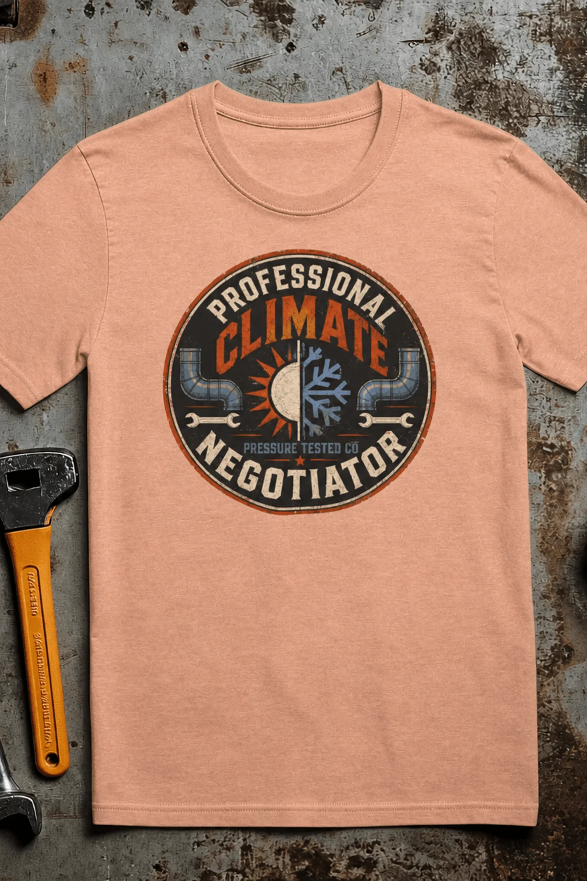 Funny HVAC Shirt, "Professional Climate Negotiator" T-Shirt – HVAC Service Tech Badge Design — heather-peach t-shirt, flat-lay product photo | Pressure Tested Co