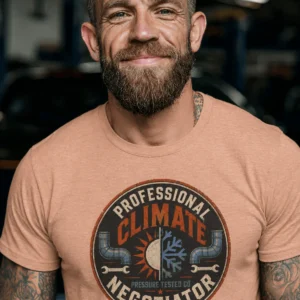 Funny HVAC Shirt, "Professional Climate Negotiator" T-Shirt – HVAC Service Tech Badge Design — heather-peach t-shirt, model photo | Pressure Tested Co
