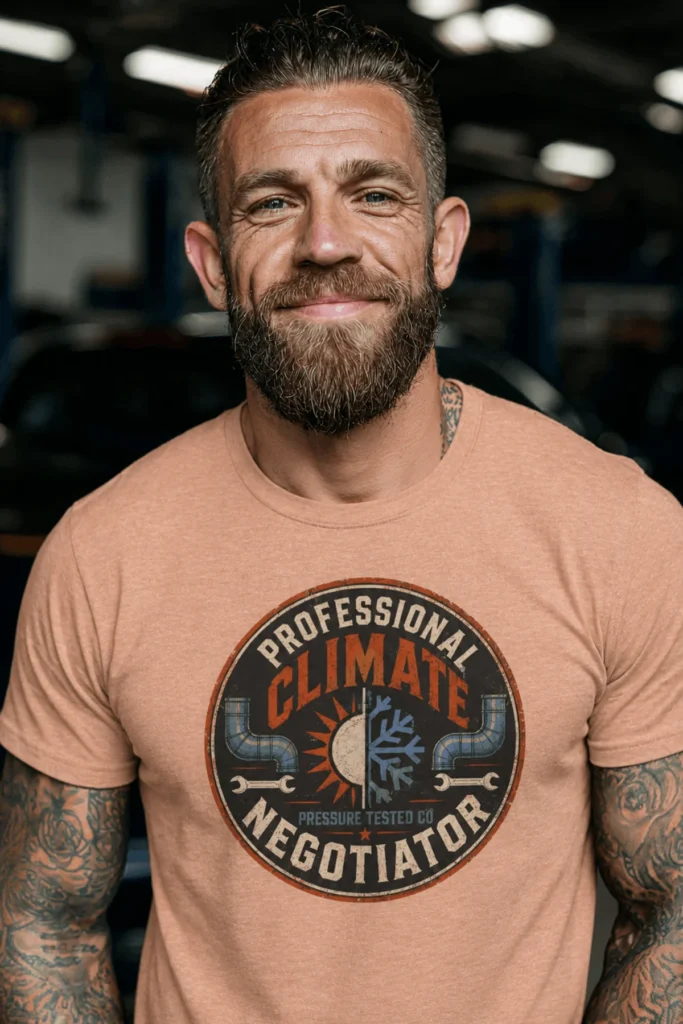 Funny HVAC Shirt, "Professional Climate Negotiator" T-Shirt – HVAC Service Tech Badge Design — heather-peach t-shirt, model photo | Pressure Tested Co