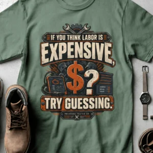 Sarcastic T-Shirt — "If You Think Labor Is Expensive, Try Guessing" Vintage Trades Tee — light-green t-shirt, flat-lay product photo | Pressure Tested Co