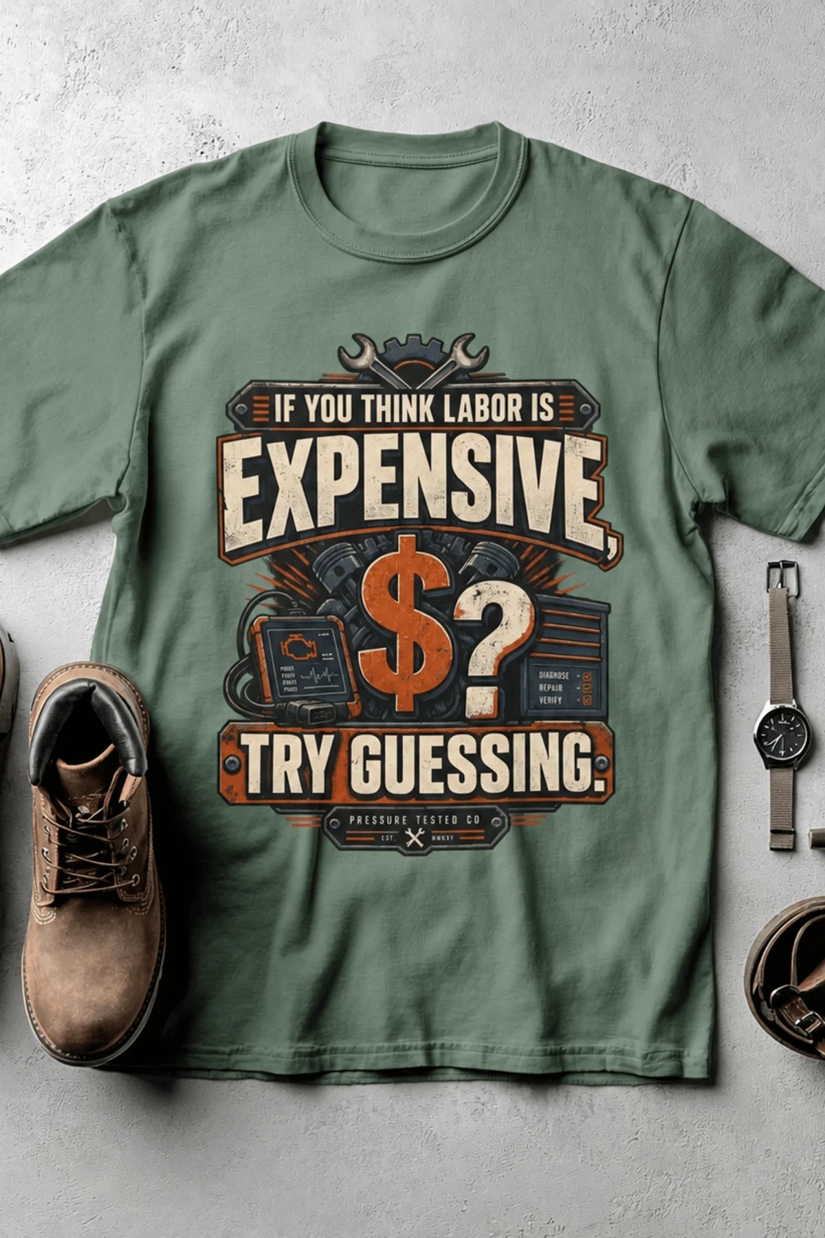 Sarcastic T-Shirt — "If You Think Labor Is Expensive, Try Guessing" Vintage Trades Tee — light-green t-shirt, flat-lay product photo | Pressure Tested Co