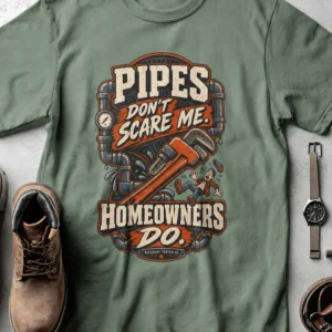 Plumber Humor T-Shirt — “Pipes Don't Scare Me, Homeowners Do” Graphic Pipe Tee — light-green t-shirt, flat-lay product photo | Pressure Tested Co