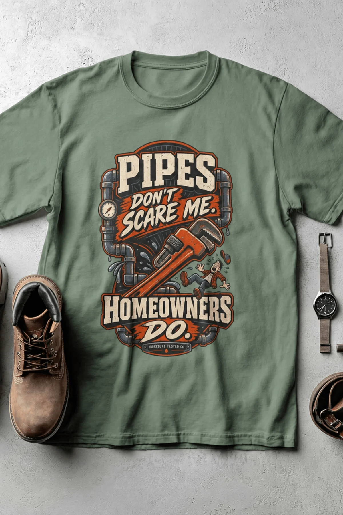 Plumber Humor T-Shirt — “Pipes Don't Scare Me, Homeowners Do” Graphic Pipe Tee — light-green t-shirt, flat-lay product photo | Pressure Tested Co