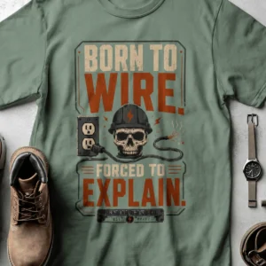 Electrician T-Shirt — "Born to Wire, Forced to Explain" Vintage Skull Tee — light-green t-shirt, flat-lay product photo | Pressure Tested Co