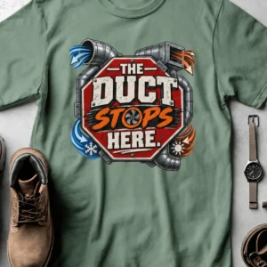 The Duct Stops Here T-Shirt — HVAC Technician Funny Logo Tee — light-green t-shirt, flat-lay product photo | Pressure Tested Co