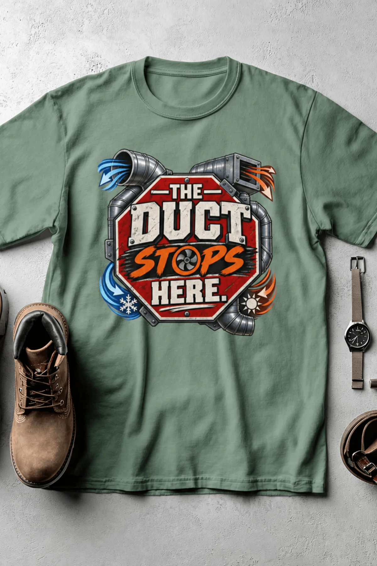 The Duct Stops Here T-Shirt — HVAC Technician Funny Logo Tee — light-green t-shirt, flat-lay product photo | Pressure Tested Co