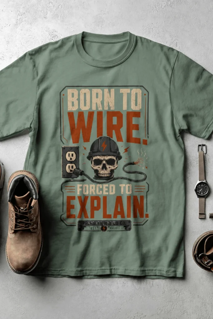 Electrician T-Shirt — "Born to Wire, Forced to Explain" Vintage Skull Tee — light-green t-shirt, flat-lay product photo | Pressure Tested Co