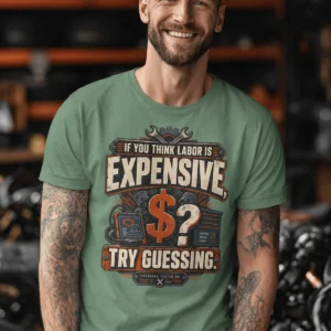 Sarcastic T-Shirt — "If You Think Labor Is Expensive, Try Guessing" Vintage Trades Tee — light-green t-shirt, model photo | Pressure Tested Co