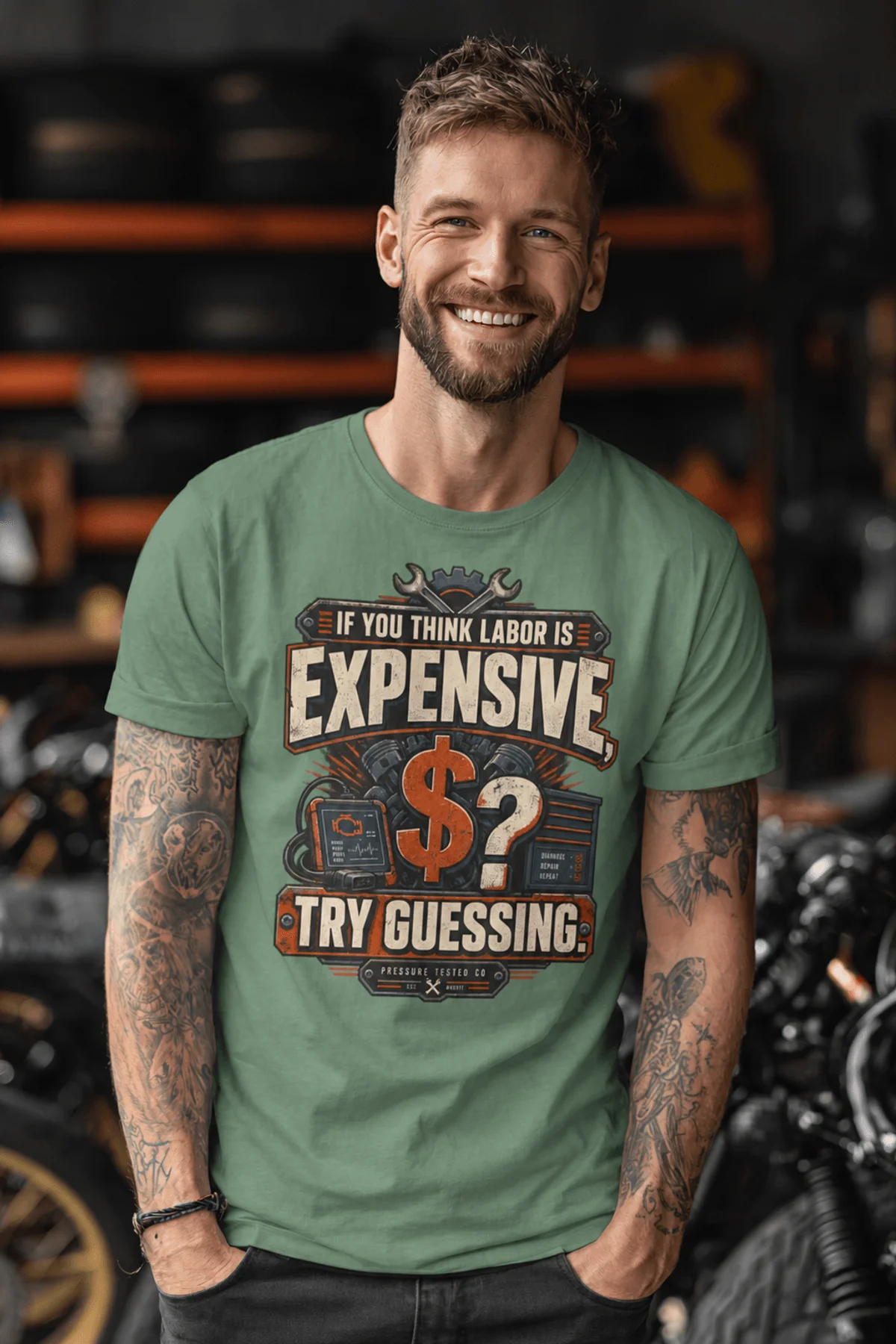Sarcastic T-Shirt — "If You Think Labor Is Expensive, Try Guessing" Vintage Trades Tee — light-green t-shirt, model photo | Pressure Tested Co