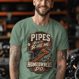 Plumber Humor T-Shirt — “Pipes Don't Scare Me, Homeowners Do” Graphic Pipe Tee — light-green t-shirt, model photo | Pressure Tested Co