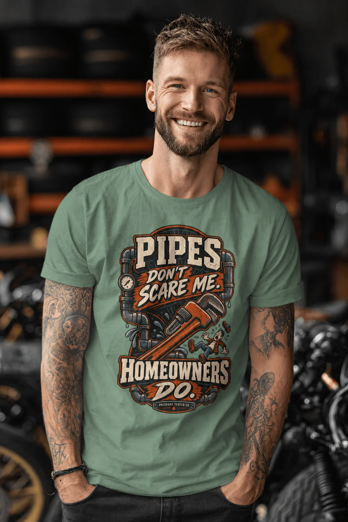Plumber Humor T-Shirt — “Pipes Don't Scare Me, Homeowners Do” Graphic Pipe Tee — light-green t-shirt, model photo | Pressure Tested Co