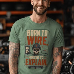 Electrician T-Shirt — "Born to Wire, Forced to Explain" Vintage Skull Tee — light-green t-shirt, model photo | Pressure Tested Co