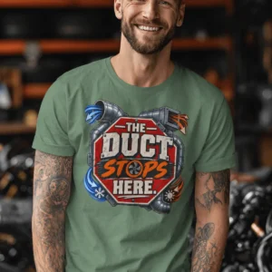 The Duct Stops Here T-Shirt — HVAC Technician Funny Logo Tee — light-green t-shirt, model photo | Pressure Tested Co