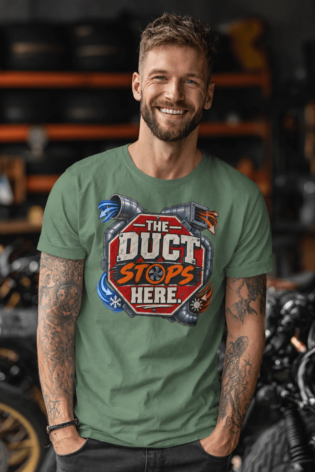 The Duct Stops Here T-Shirt — HVAC Technician Funny Logo Tee — light-green t-shirt, model photo | Pressure Tested Co