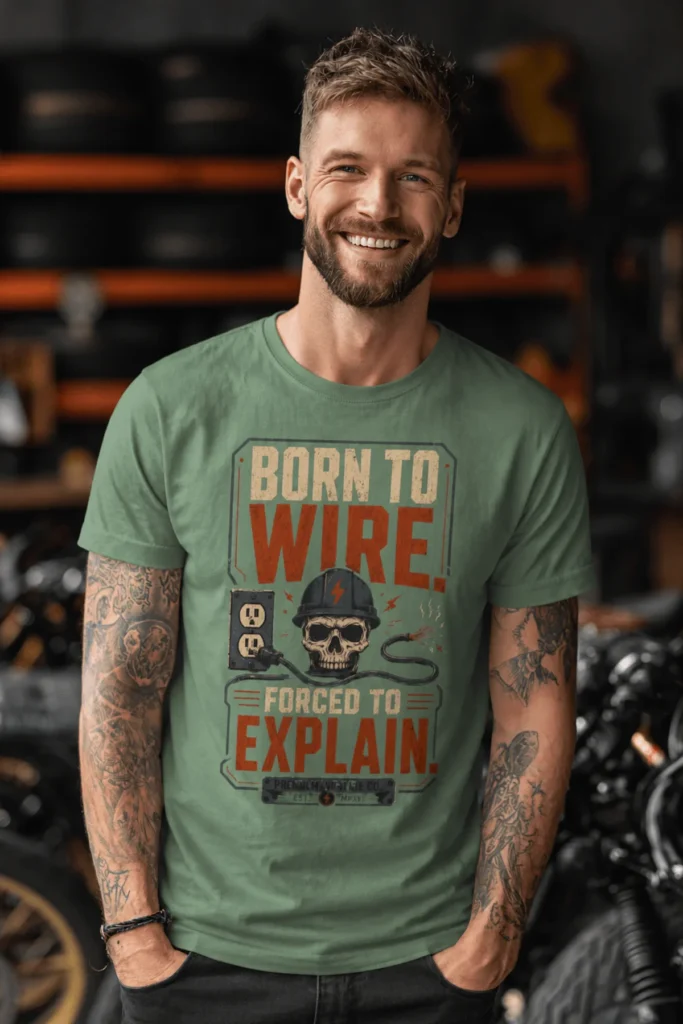 Electrician T-Shirt — "Born to Wire, Forced to Explain" Vintage Skull Tee — light-green t-shirt, model photo | Pressure Tested Co