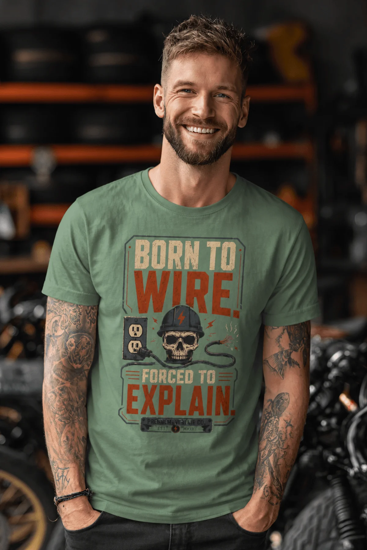 Electrician T-Shirt — "Born to Wire, Forced to Explain" Vintage Skull Tee — light-green t-shirt, model photo | Pressure Tested Co