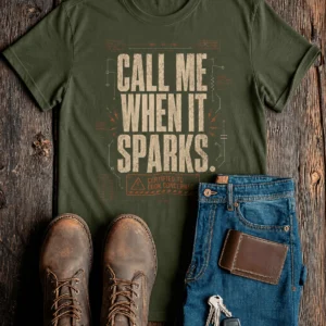 Call Me When It Sparks Graphic Tee — Vintage Industrial Spark Design — military-green t-shirt, flat-lay product photo | Pressure Tested Co
