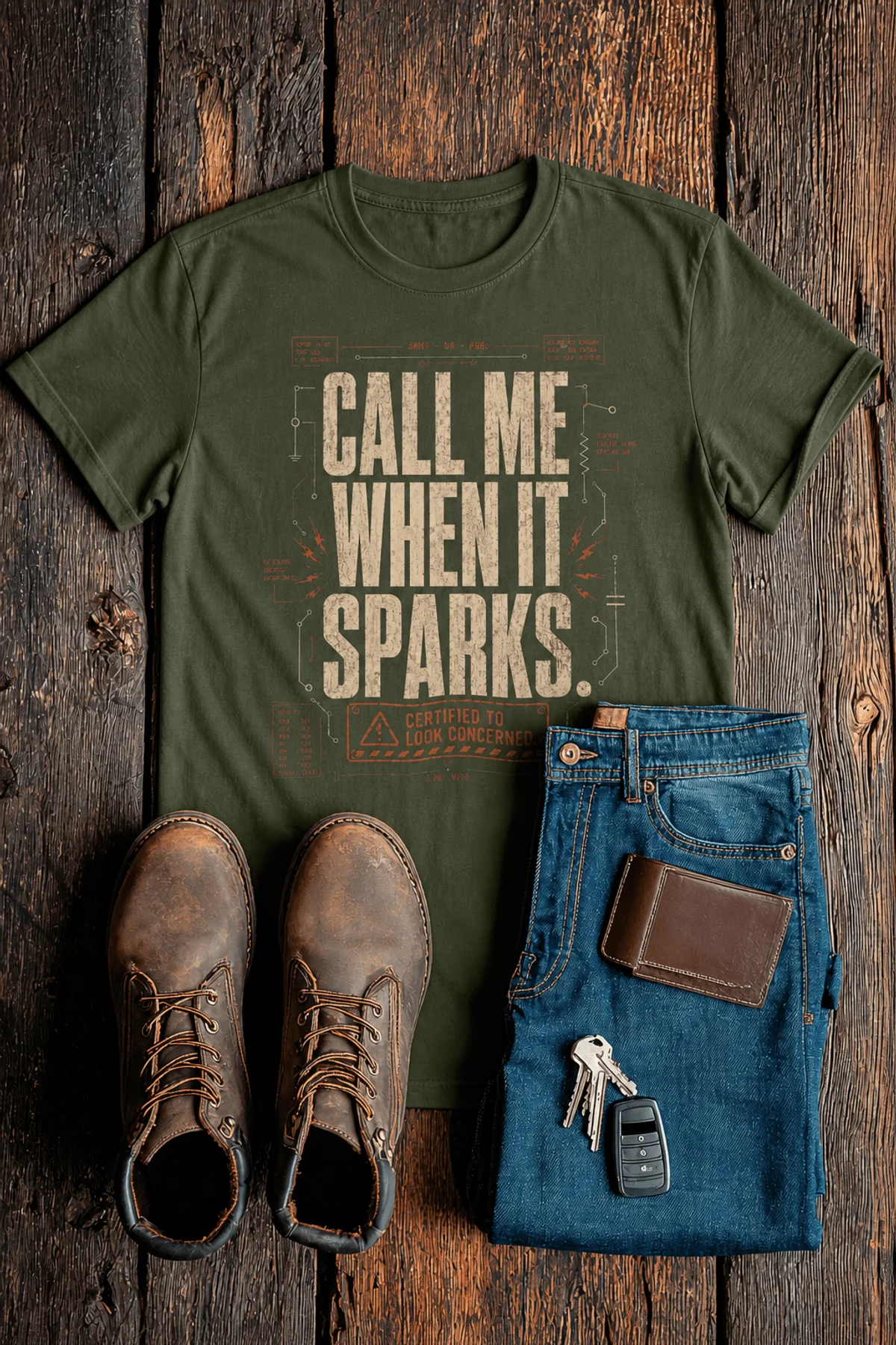 Call Me When It Sparks Graphic Tee — Vintage Industrial Spark Design — military-green t-shirt, flat-lay product photo | Pressure Tested Co