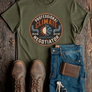 Funny HVAC Shirt, "Professional Climate Negotiator" T-Shirt – HVAC Service Tech Badge Design — military-green t-shirt, flat-lay product photo | Pressure Tested Co
