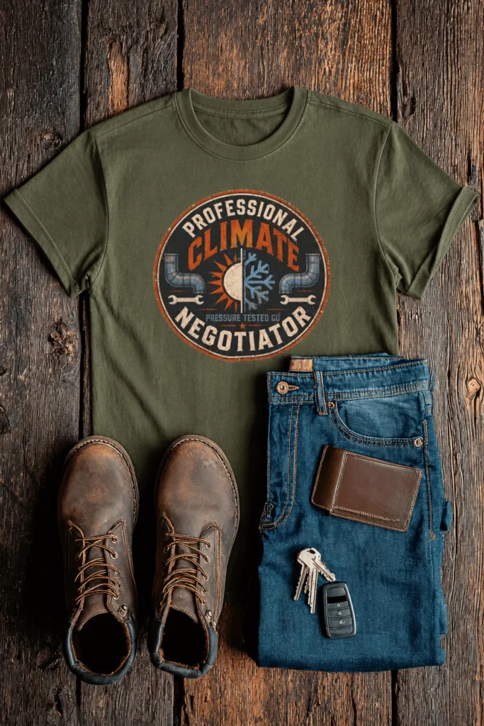 Funny HVAC Shirt, "Professional Climate Negotiator" T-Shirt – HVAC Service Tech Badge Design — military-green t-shirt, flat-lay product photo | Pressure Tested Co