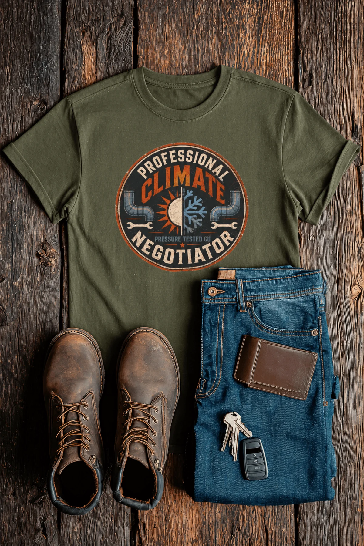 Funny HVAC Shirt, "Professional Climate Negotiator" T-Shirt – HVAC Service Tech Badge Design — military-green t-shirt, flat-lay product photo | Pressure Tested Co