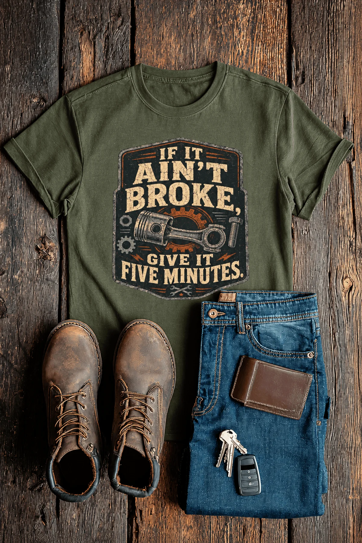 T-Shirt — "If It Ain't Broke, Give It Five Minutes" Vintage Mechanic Tee — military-green t-shirt, flat-lay product photo | Pressure Tested Co
