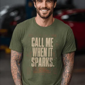 Call Me When It Sparks Graphic Tee — Vintage Industrial Spark Design — military-green t-shirt, model photo | Pressure Tested Co