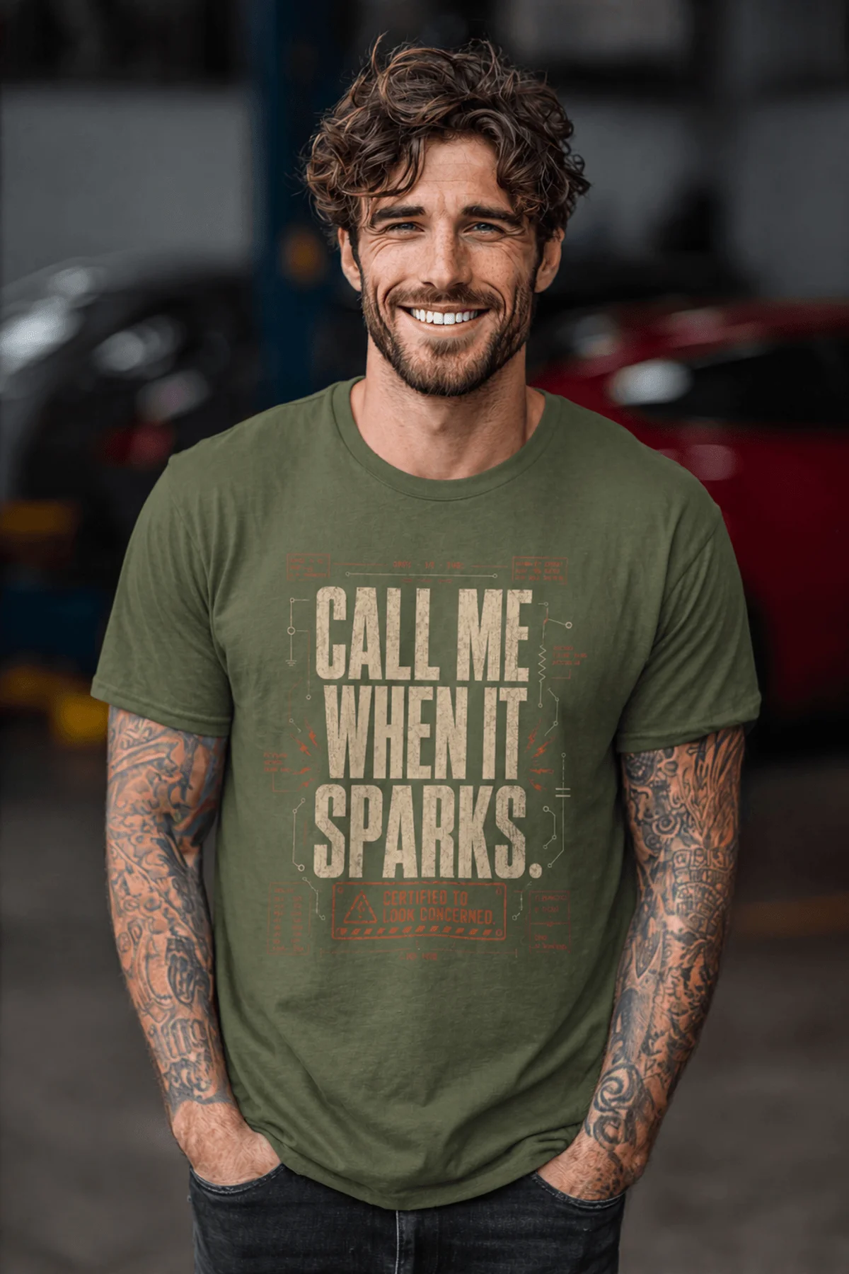 Call Me When It Sparks Graphic Tee — Vintage Industrial Spark Design — military-green t-shirt, model photo | Pressure Tested Co