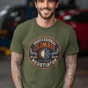 Funny HVAC Shirt, "Professional Climate Negotiator" T-Shirt – HVAC Service Tech Badge Design — military-green t-shirt, model photo | Pressure Tested Co