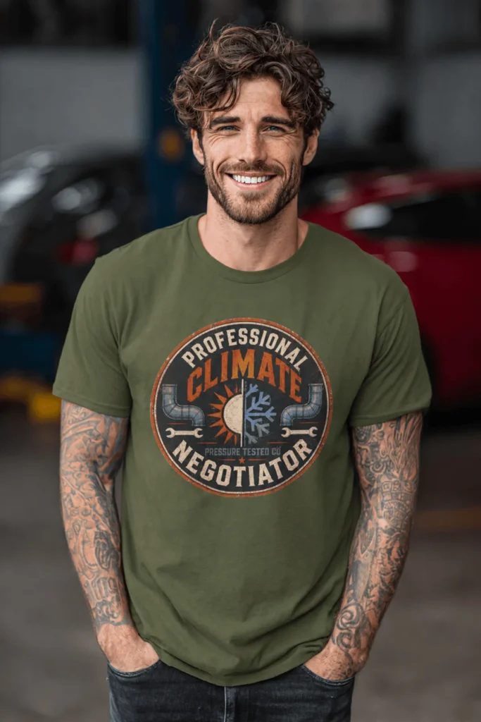 Funny HVAC Shirt, "Professional Climate Negotiator" T-Shirt – HVAC Service Tech Badge Design — military-green t-shirt, model photo | Pressure Tested Co