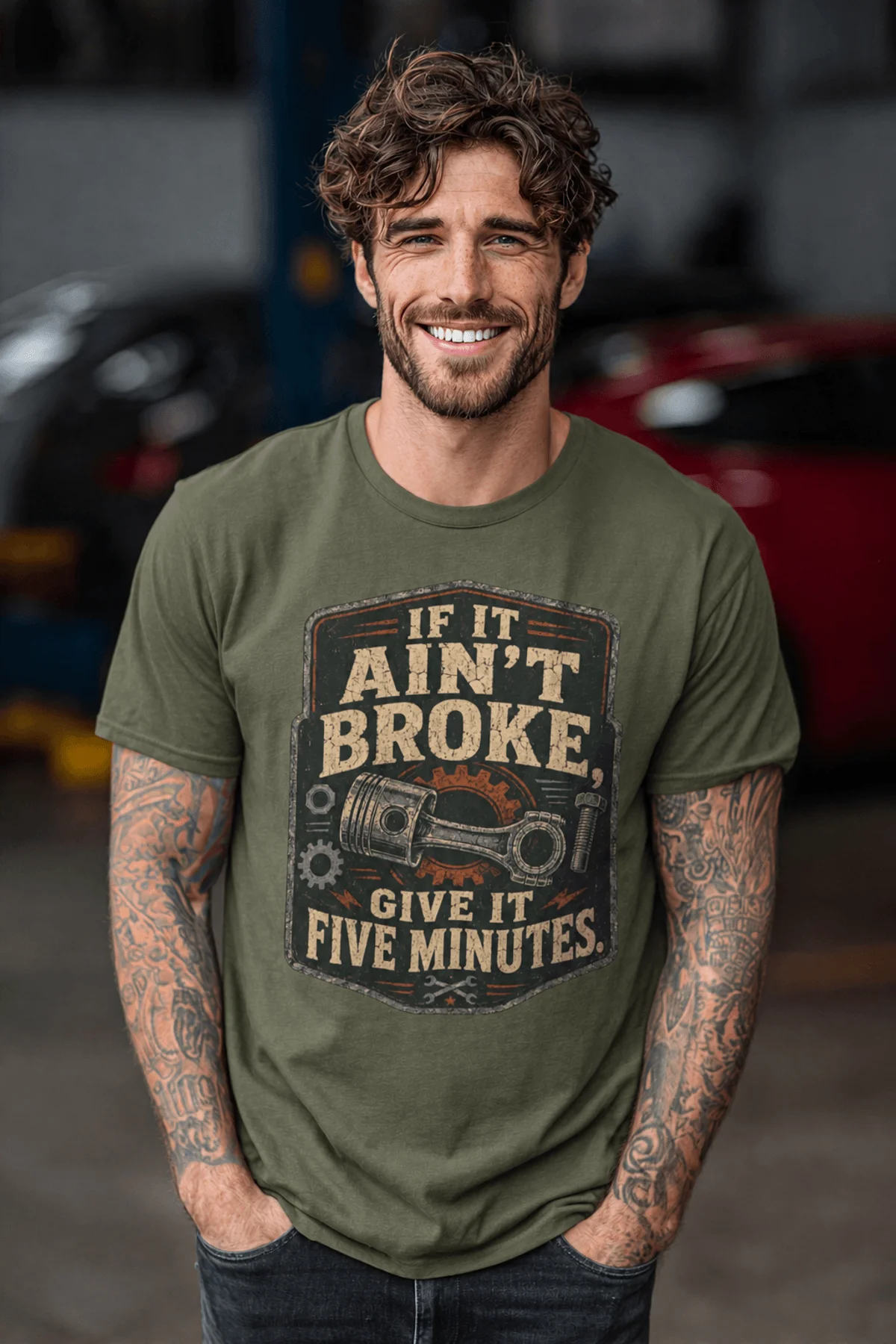 T-Shirt — "If It Ain't Broke, Give It Five Minutes" Vintage Mechanic Tee — military-green t-shirt, model photo | Pressure Tested Co