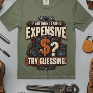 Sarcastic T-Shirt — "If You Think Labor Is Expensive, Try Guessing" Vintage Trades Tee — moss t-shirt, flat-lay product photo | Pressure Tested Co