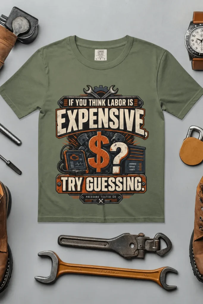 Sarcastic T-Shirt — "If You Think Labor Is Expensive, Try Guessing" Vintage Trades Tee — moss t-shirt, flat-lay product photo | Pressure Tested Co