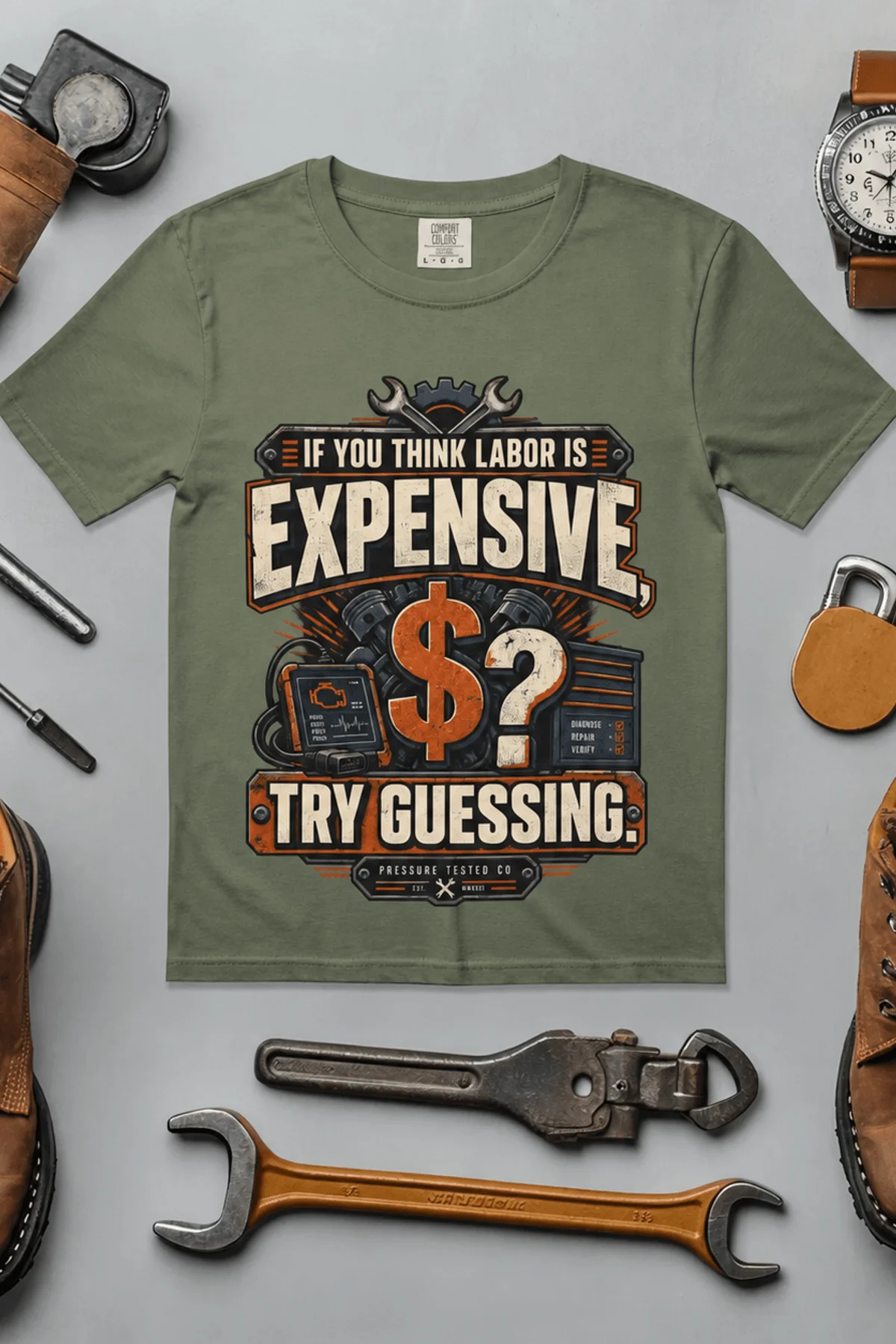 Sarcastic T-Shirt — "If You Think Labor Is Expensive, Try Guessing" Vintage Trades Tee — moss t-shirt, flat-lay product photo | Pressure Tested Co