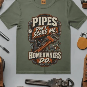 Plumber Humor T-Shirt — “Pipes Don't Scare Me, Homeowners Do” Graphic Pipe Tee — moss t-shirt, flat-lay product photo | Pressure Tested Co